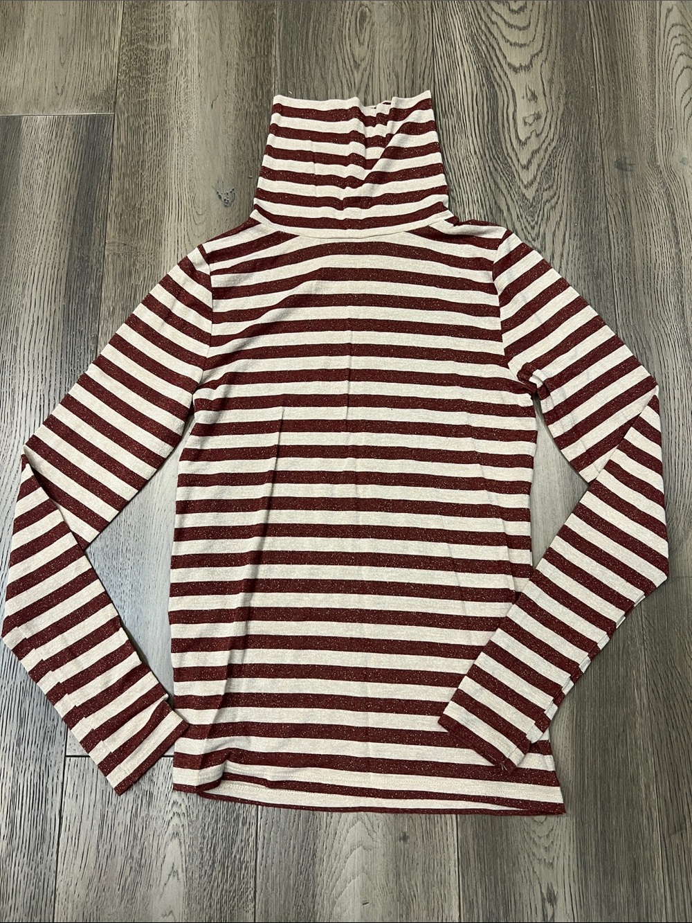 LOFT Burgundy and Cream Striped Turtleneck Sweater